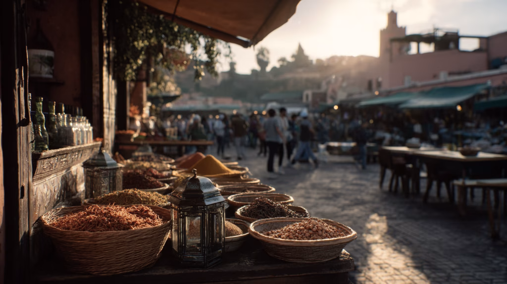 Traditional market atmosphere at Rahba Kedima in Marrakech with spice stalls, lanterns and local shoppers