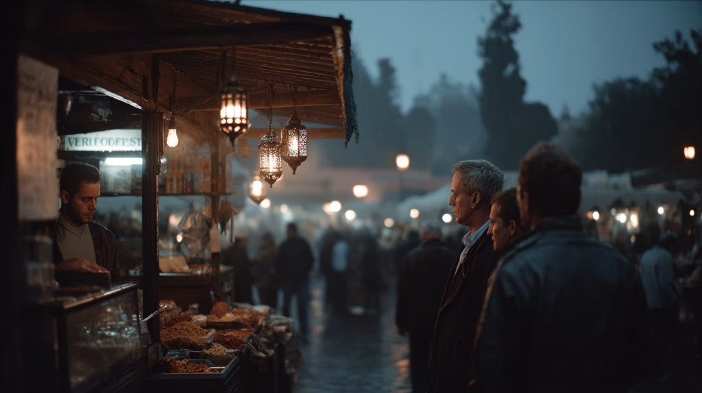 Evening atmosphere at a Moroccan market in Marrakech with glowing lanterns and visitors