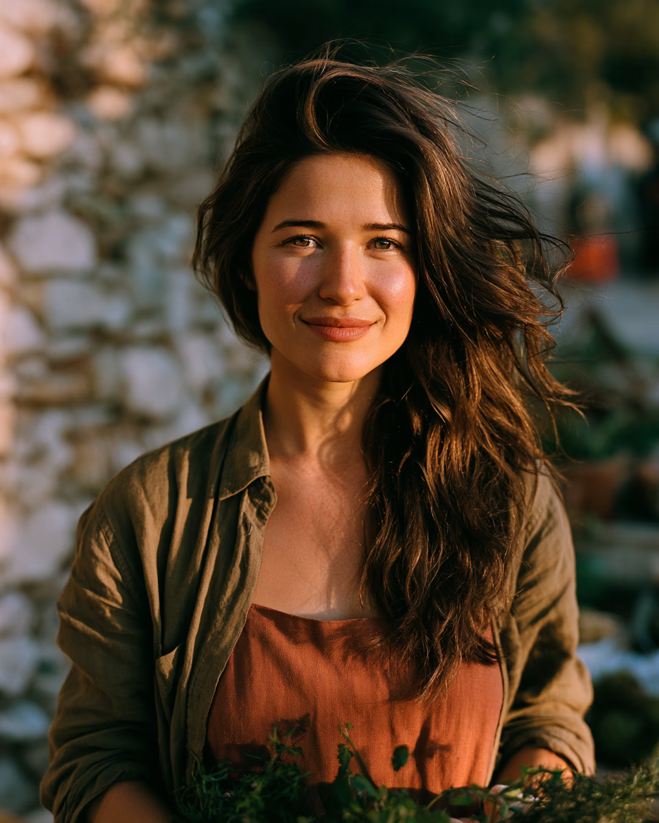 Terra Lande standing at a Mediterranean stone wall at golden hour, holding fresh herbs