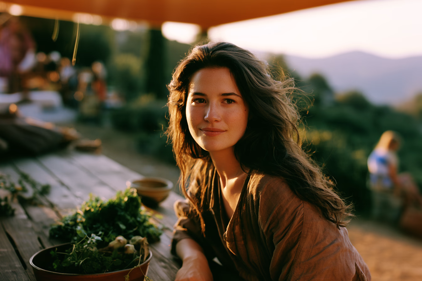 Terra Lande sitting outdoors with fresh herbs