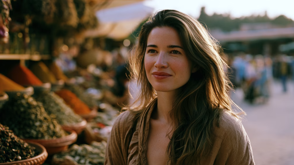 Terra Lande at a Moroccan spice market in Marrakech, surrounded by colorful spices and saffron in terracotta bowls at golden hour. The Spice Markets of Marrakech.