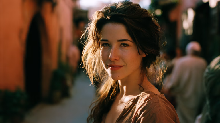 Terra Lande walking through the narrow alleyways of the Marrakech medina at golden hour
