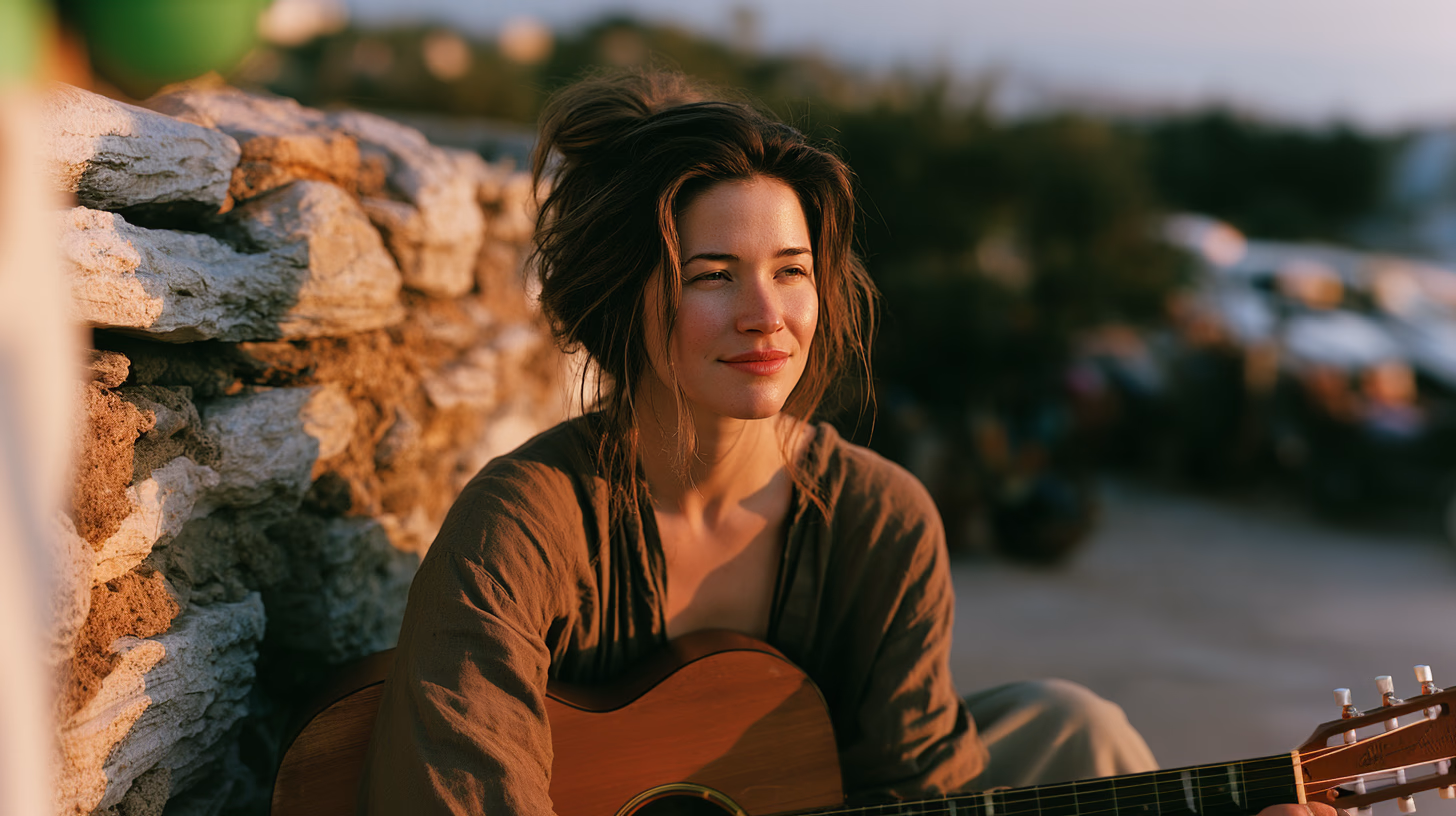 Terra Lande sitting outdoors at golden hour leaning against an ancient stone wall listening to music with a small acoustic guitar beside her — Sounds of Terra