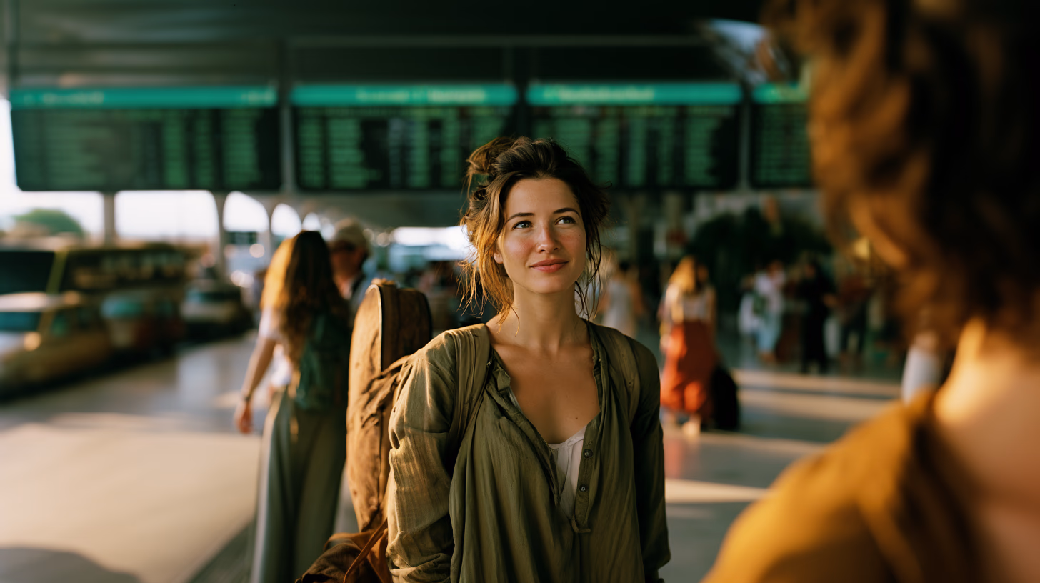 Terra Lande standing at a busy Spanish bus station with a well-loved backpack and guitar case, looking up at the departure board — conscious travel one choice at a time