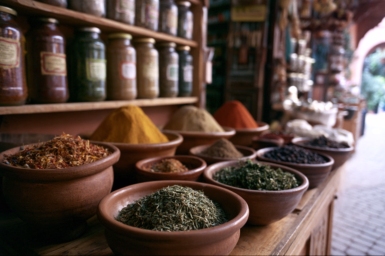 Moroccan spice market at golden hour, terracotta bowls filled with saffron and warm spices
