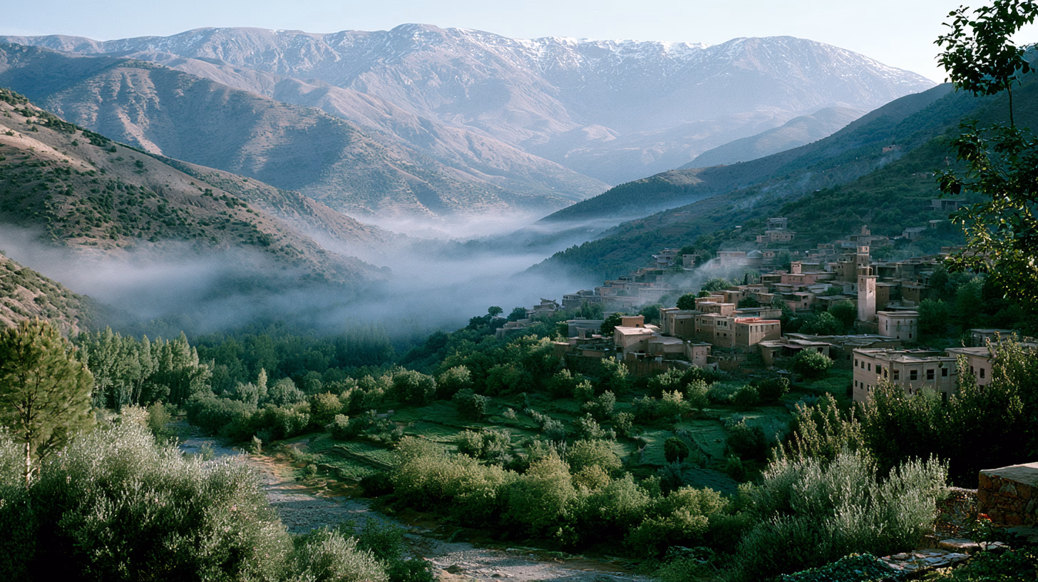 Kasbah Tamadot perched above the valley of Asni, Atlas Mountains Morocco, warm afternoon light on ochre walls and cedar forest