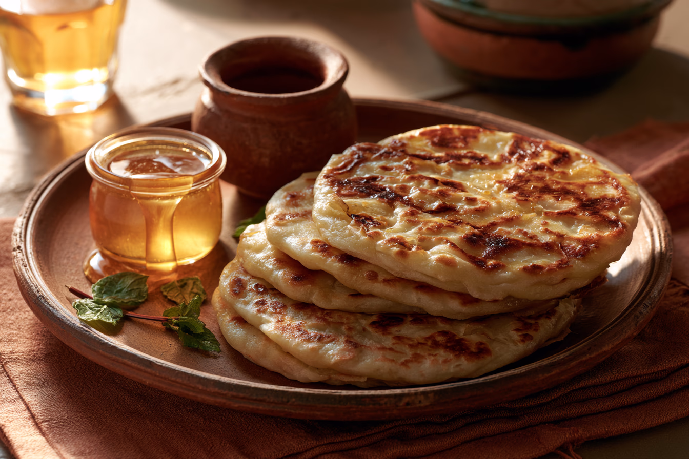 Freshly made Msemen flatbread on a rustic pan, golden and layered, mint tea beside it — Terra Lande slow food recipe