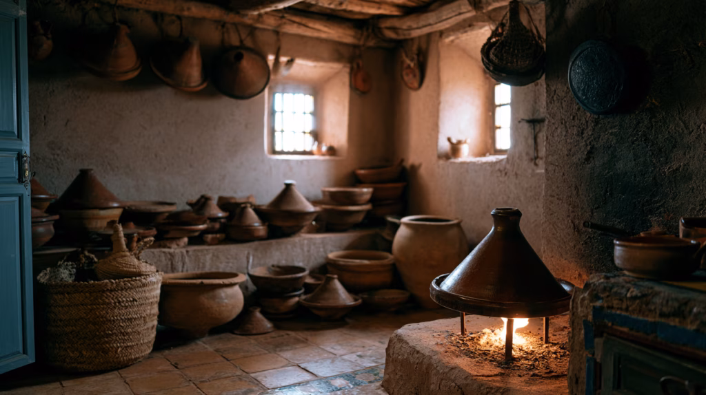 Interior of a traditional Moroccan kitchen with clay tagine pots, gas flame and warm amber light — the kitchen that wastes nothing and forgets nothing