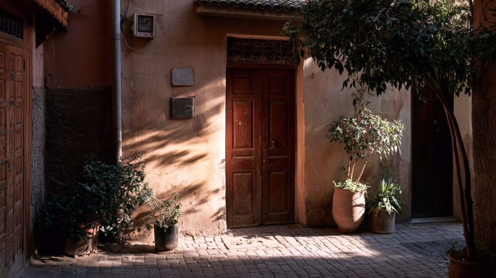 Old rust-coloured door in a narrow Marrakech medina alleyway — behind it, the best tagine in the city and a woman who will not give you the recipe