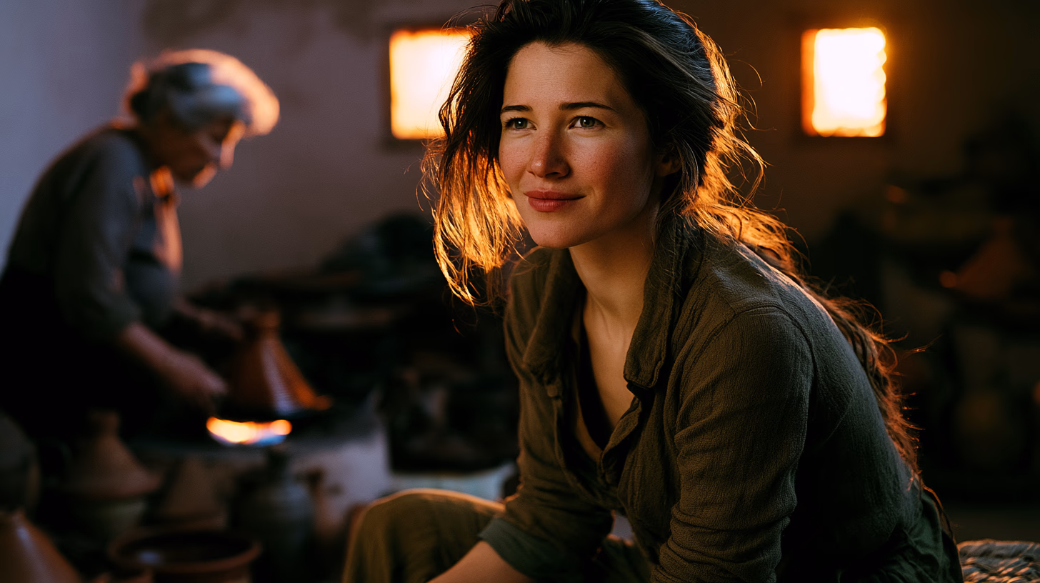 Terra watching an older woman cook in a golden-lit kitchen in Marrakech