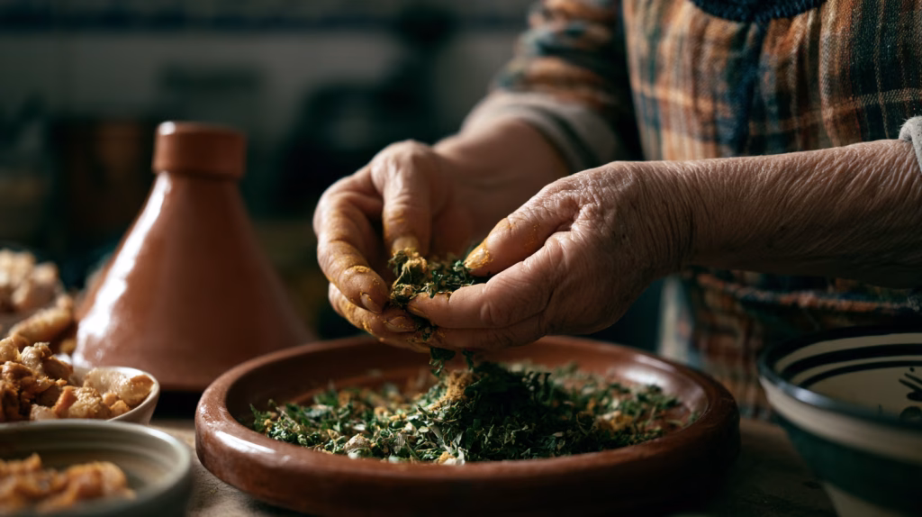 Close-up of elderly Moroccan woman's hands stained with saffron and turmeric, crumbling dried herbs over a clay tagine in a traditional kitchen. Tagine Marrakech Story