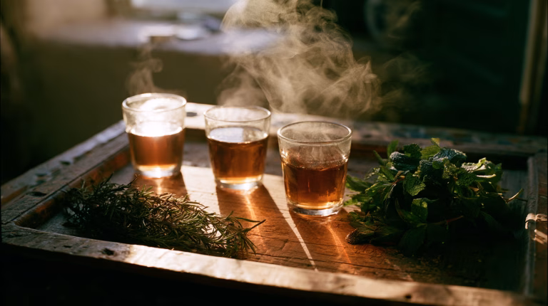 Three small glasses of Berber Atlas Mountain tea on a worn wooden tray, steam rising, fresh herb sprigs beside them, golden afternoon light, slow living atmosphere