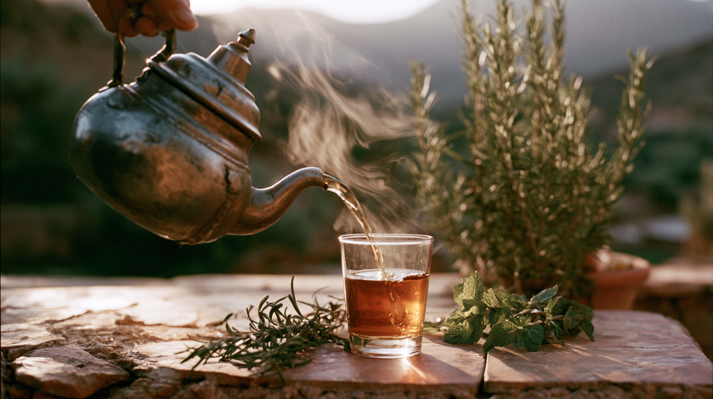 Traditional Moroccan teapot pouring Berber tea into a small glass on a stone terrace, steam rising, Atlas Mountains in the background, warm morning light