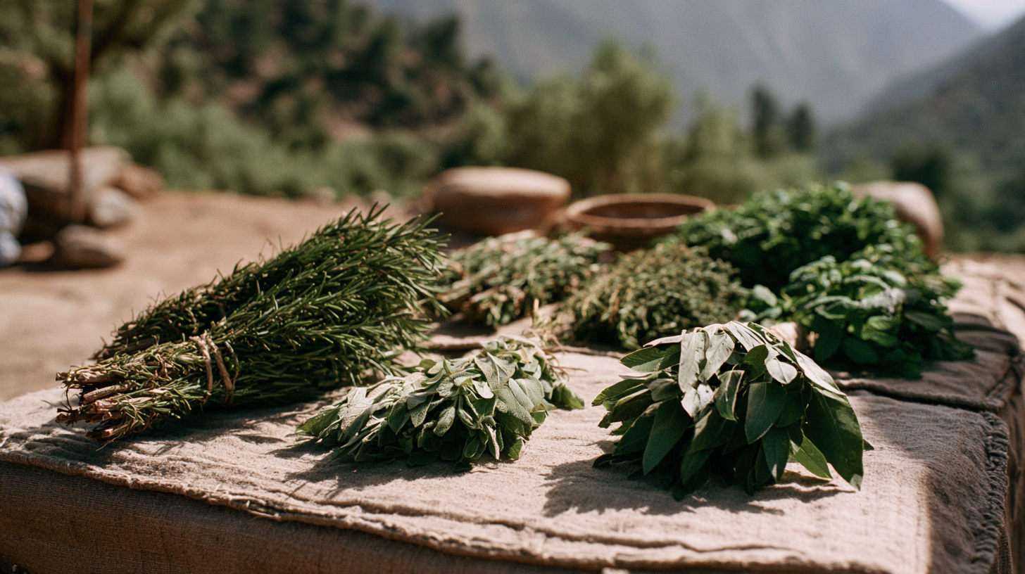 Fresh herb bundles of rosemary, sage and mint laid out on a worn cloth at the Saturday market of Asni, Atlas Mountains Morocco, warm morning light