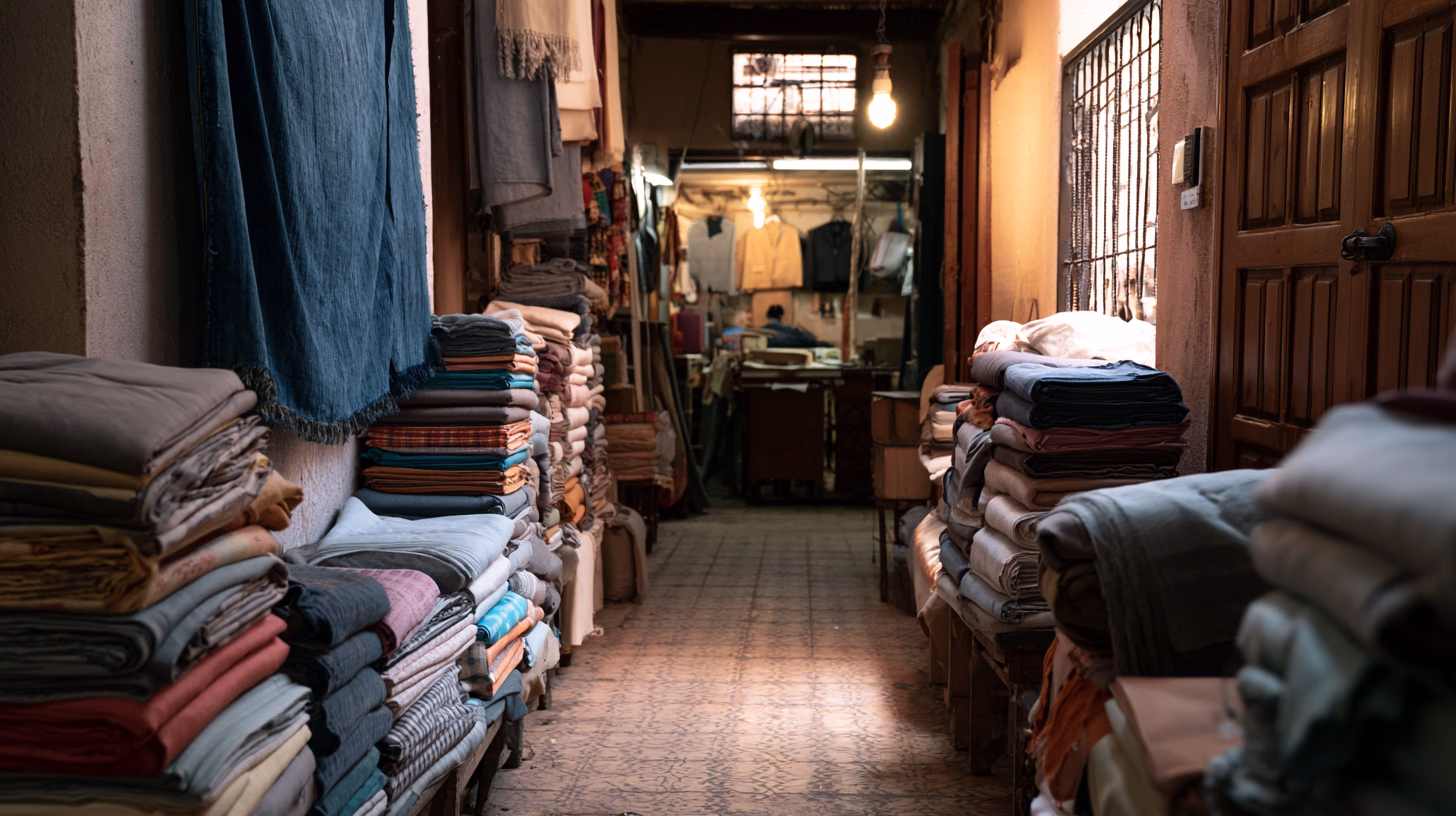 Narrow textile souk alley in the Marrakech medina with bolts of colorful fabric and hanging indigo cloth. Slow fashion in Morocco