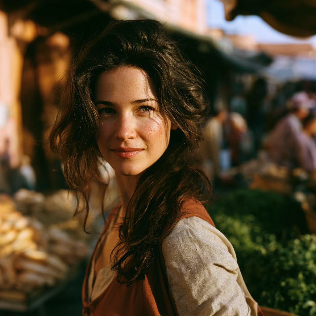Terra half-turned at a Moroccan Wednesday market, ochre walls and morning light, Marrakech medina