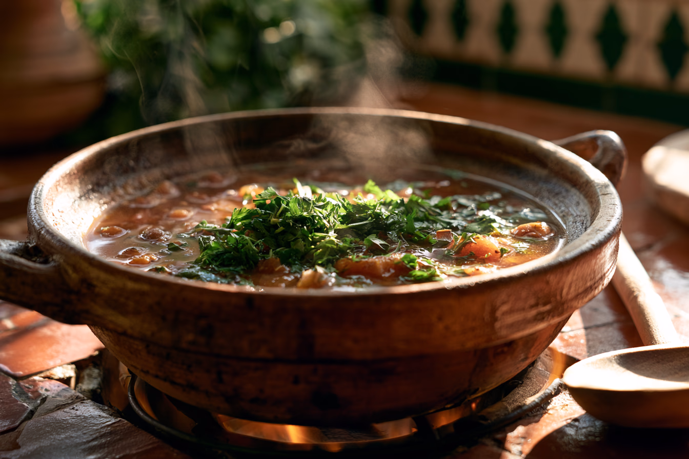 A clay pot of Moroccan harira soup simmering at golden hour — Terra Lande slow food recipe