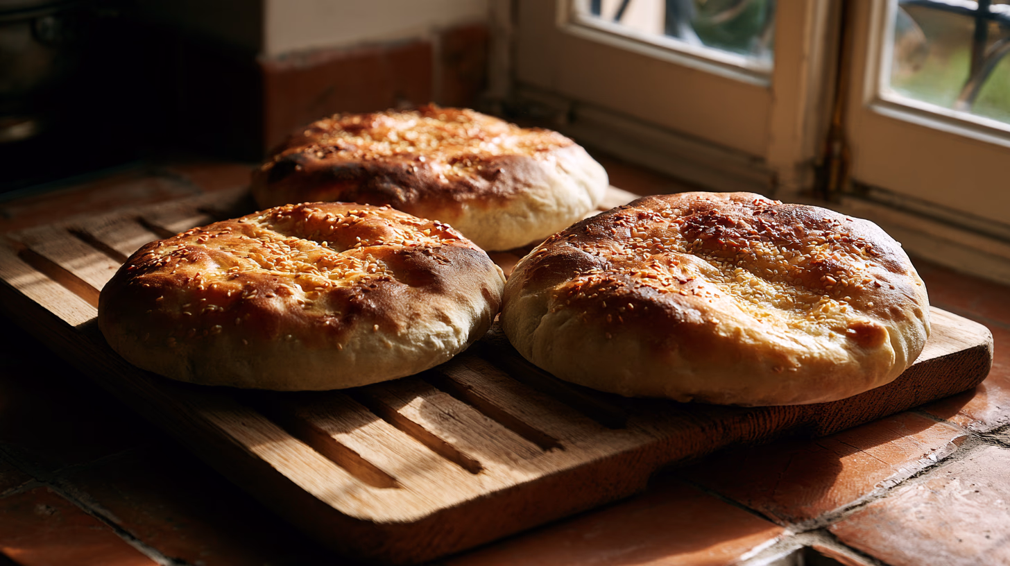 Two golden rounds of freshly baked khobz cooling on a wooden rack, sesame seeds on top, afternoon light through a window, terracotta tiles beneath