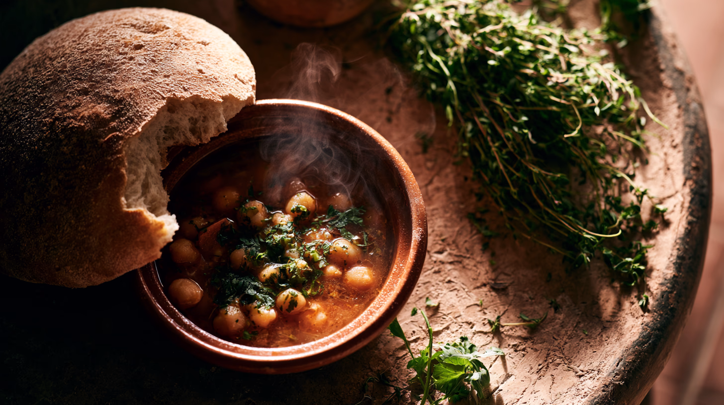 A round of torn khobz beside a bowl of harira on a worn clay surface, steam rising from the soup, a sprig of fresh herbs beside it, warm light