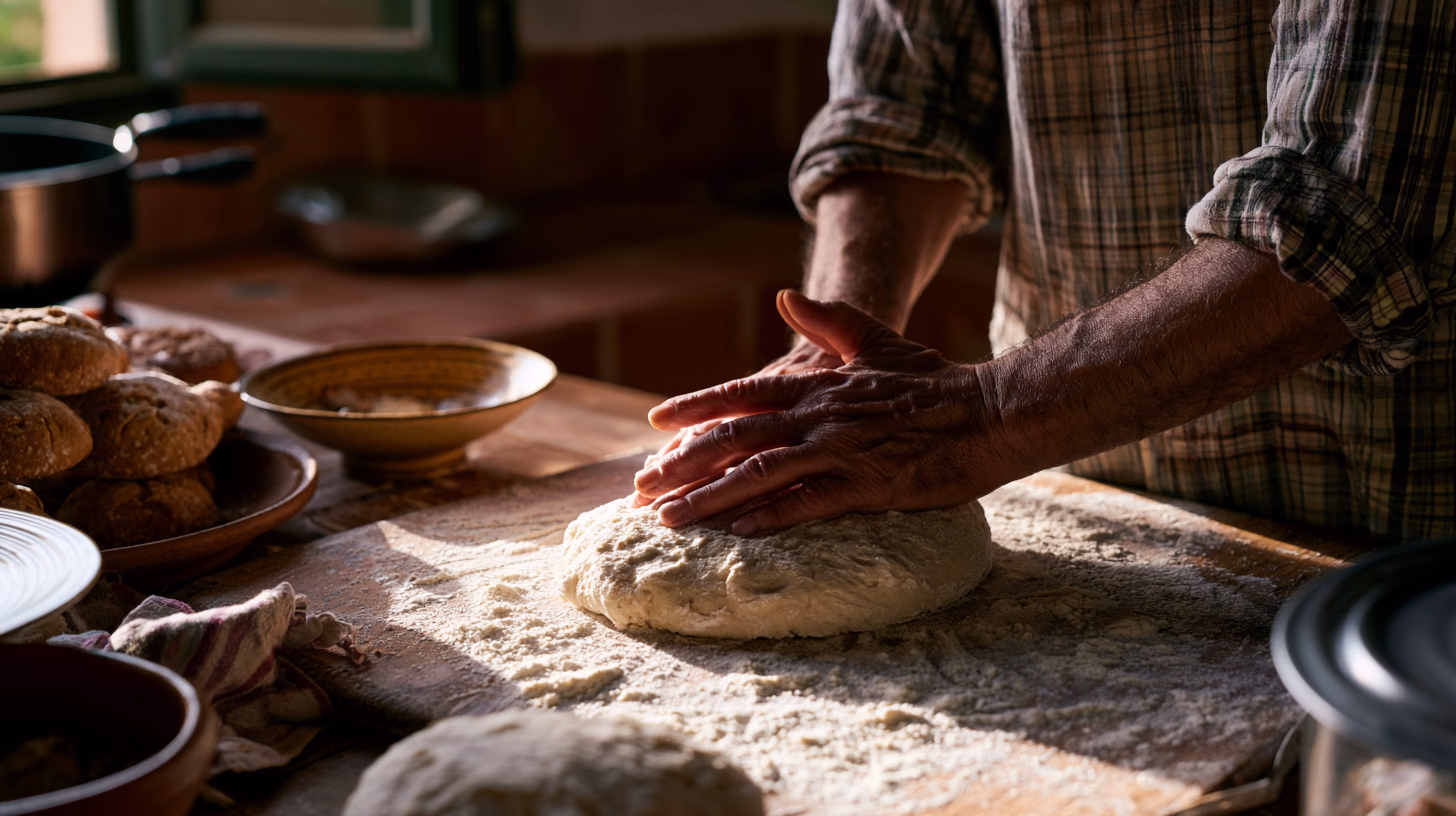 Hands shaping a round of khobz dough on a floured wooden surface, warm morning light, simple Moroccan kitchen