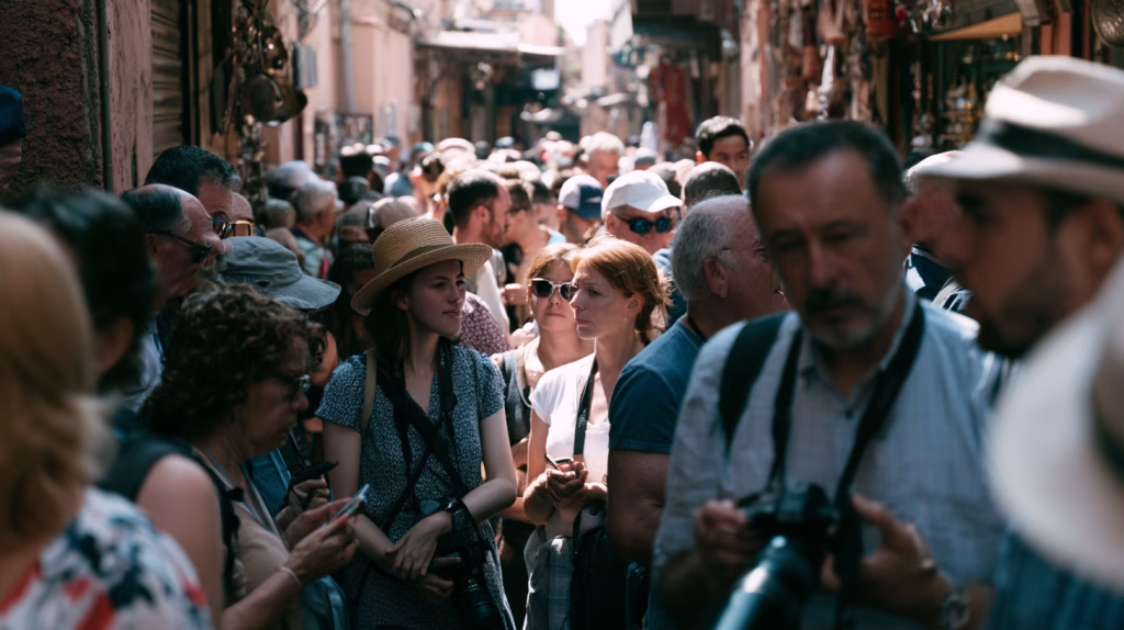 Overtourism Marrakech - Overcrowded souk alley in the Marrakech medina filled with tourists and tour groups, illustrating the impact of overtourism on the historic city centre