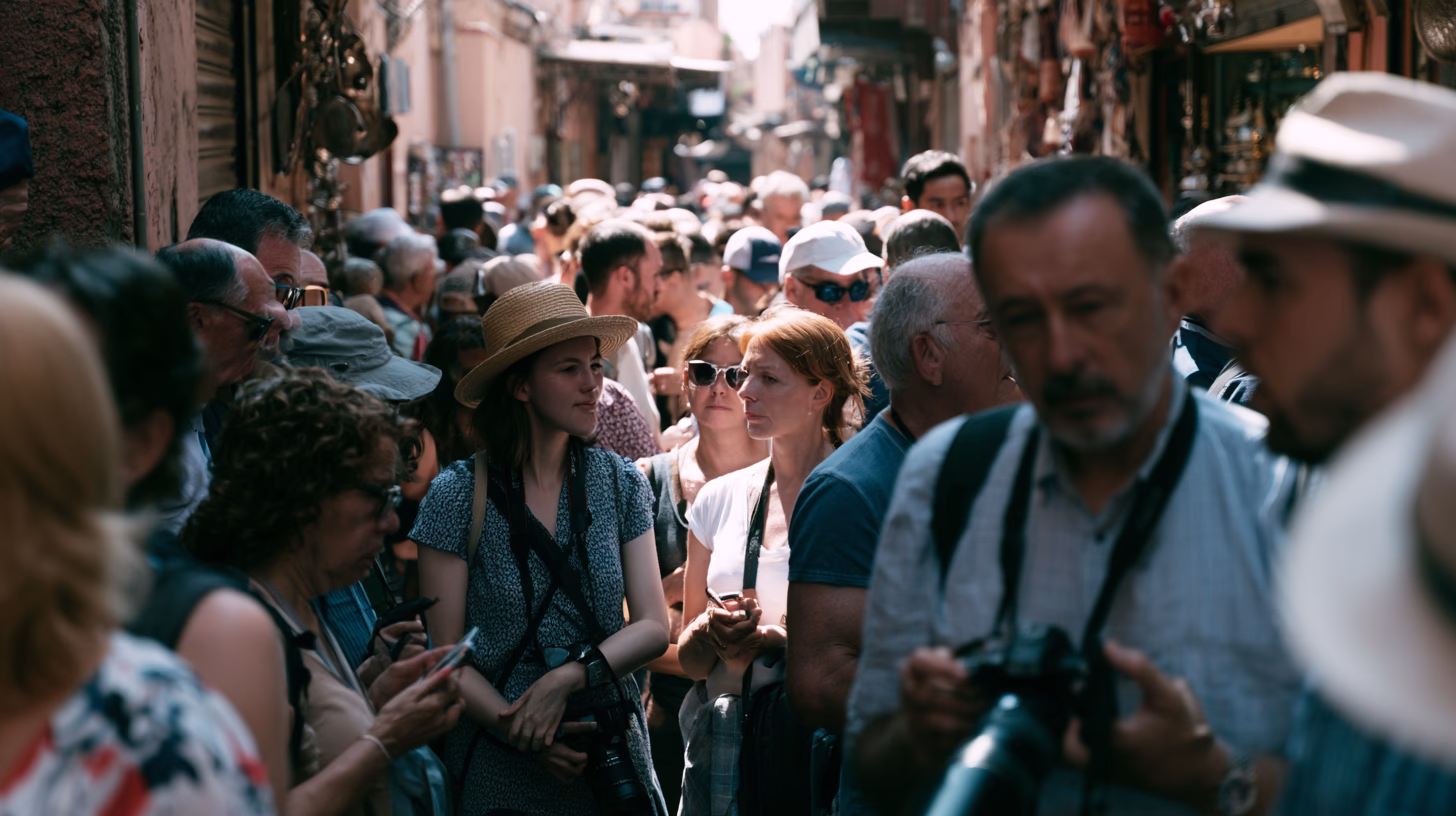Overtourism Marrakech - Overcrowded souk alley in the Marrakech medina filled with tourists and tour groups, illustrating the impact of overtourism on the historic city centre