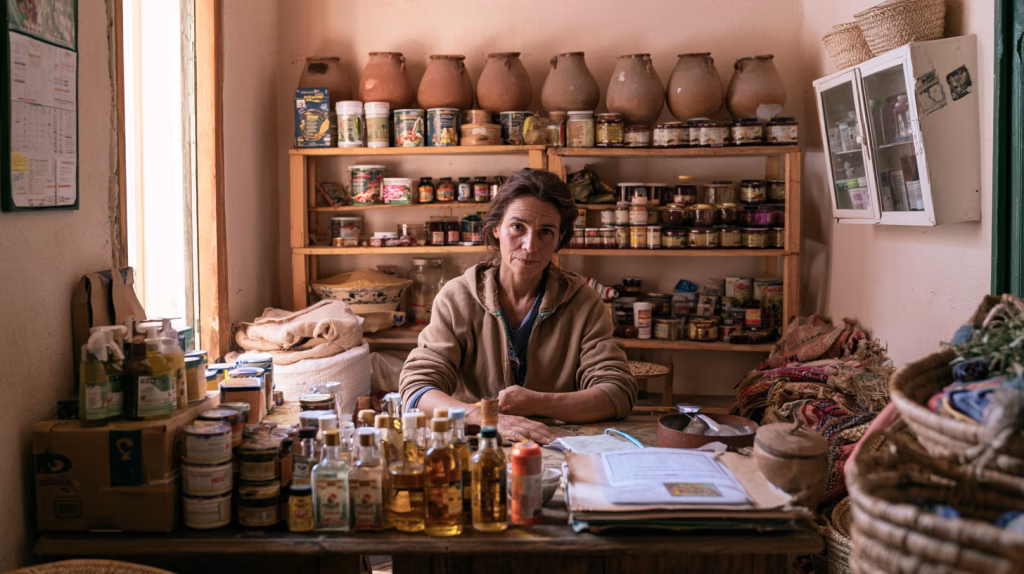 Moroccan woman selling handmade argan oil and traditional textiles at a local cooperative shop in Marrakech — conscious travel supporting local makers