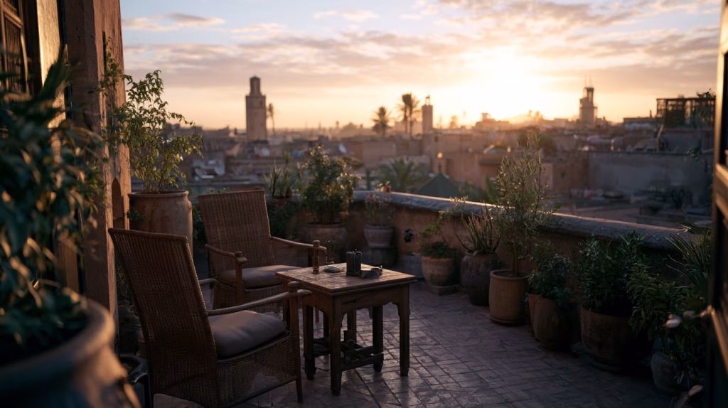 Empty rooftop terrace overlooking the ochre rooftops and minarets of the Marrakech medina at sunrise — the quiet side of the city most tourists never see