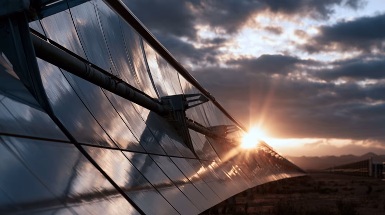 Close-up of curved parabolic mirror panels at the Noor Ouarzazate concentrated solar power plant in the Moroccan Sahara at golden hour