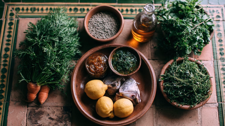 Flat lay of traditional Moroccan zero waste cooking ingredients including carrot tops, preserved lemons, lamb bones and fresh herbs on a terracotta surface
