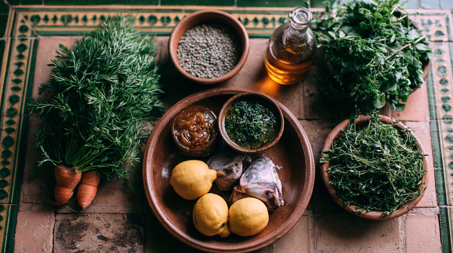 Flat lay of traditional Moroccan zero waste cooking ingredients including carrot tops, preserved lemons, lamb bones and fresh herbs on a terracotta surface