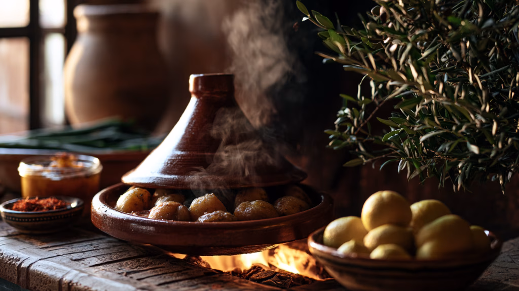 Traditional Moroccan clay tagine on an open fire with steam rising, surrounded by preserved lemons, vegetables and saffron