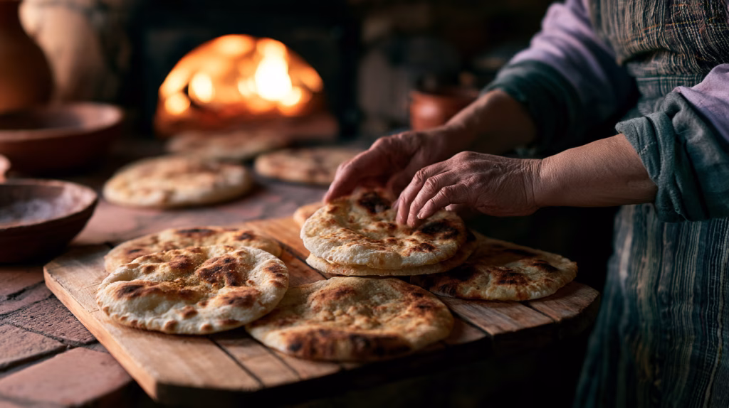 Moroccan woman placing freshly baked khobz flatbread from a traditional communal oven — bread is never wasted in Moroccan culture