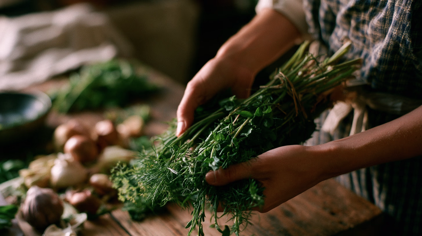 Hands holding a bundle of fresh herb stems and vegetable scraps, warm golden light, zero waste kitchen atmosphere