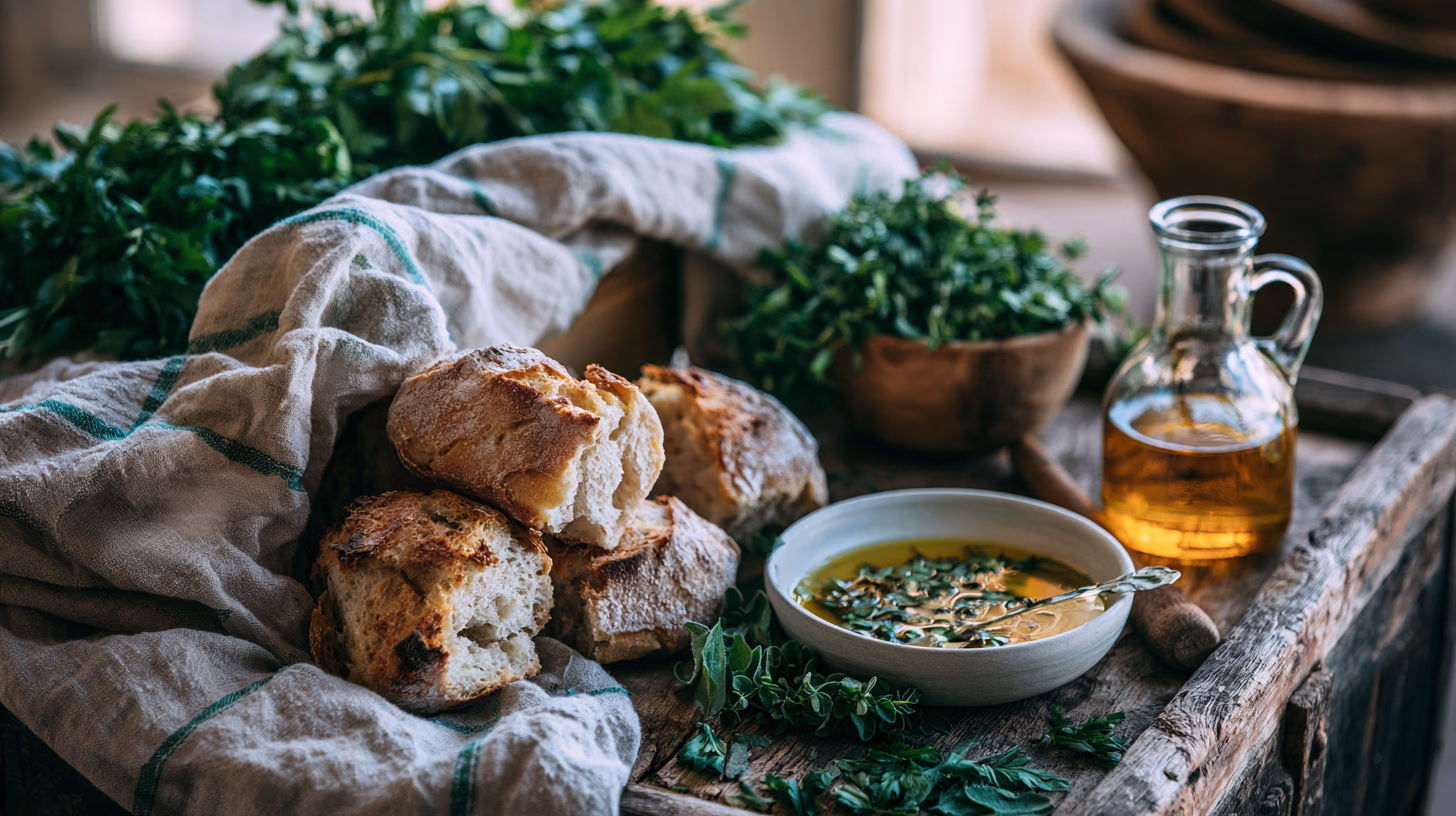 Rustic stale bread on a linen cloth beside olive oil and fresh herbs, warm Moroccan kitchen atmosphere