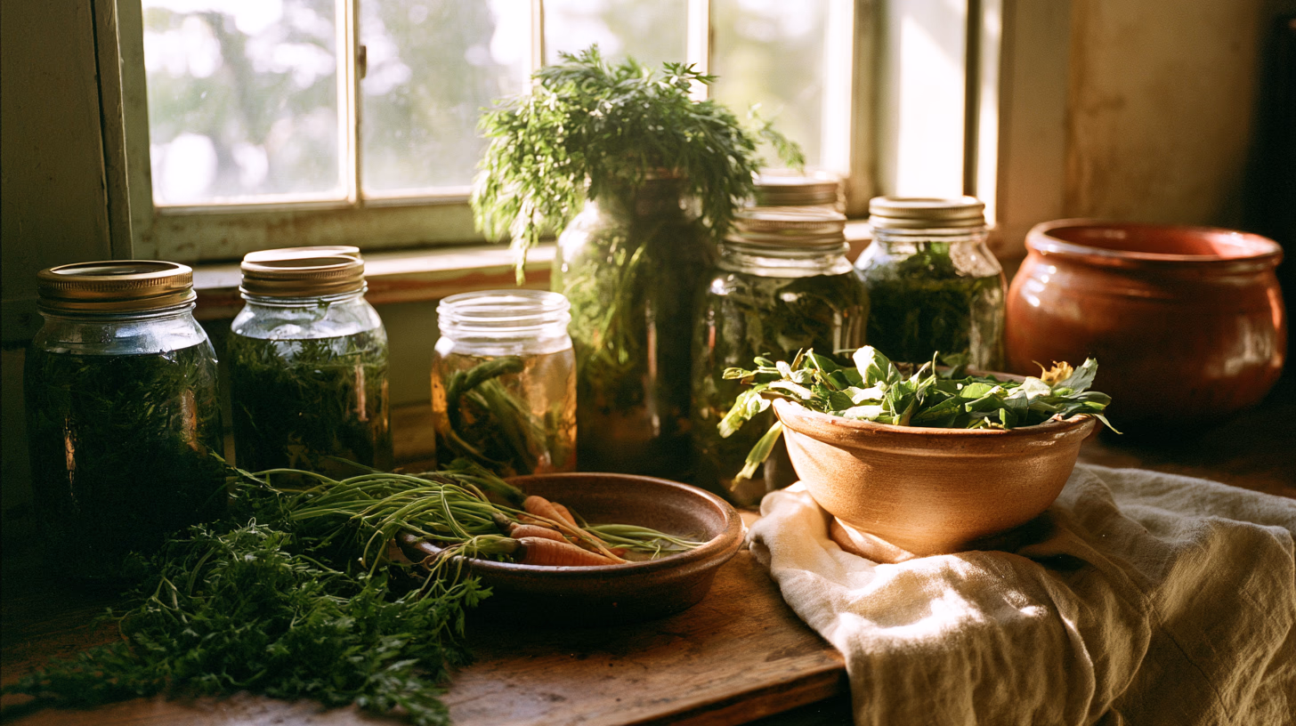 Glass jars filled with preserved herbs in olive oil and pickled vegetables on a kitchen shelf, soft golden light