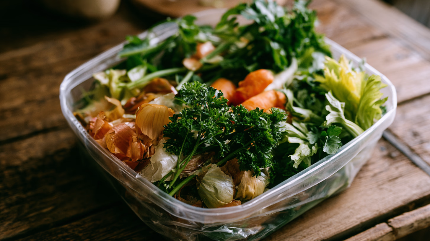 Vegetable scraps including onion skins, carrot tops and parsley stems in an earthenware bowl, rustic wooden surface, warm natural light