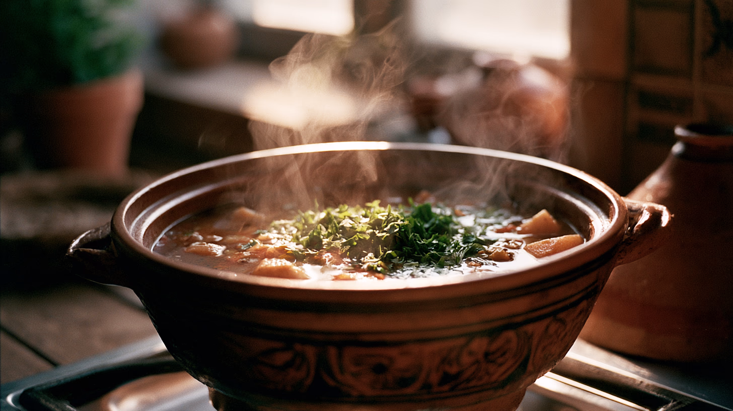 A large earthenware pot of Moroccan harira soup simmering, steam rising, fresh herbs on top, warm kitchen light